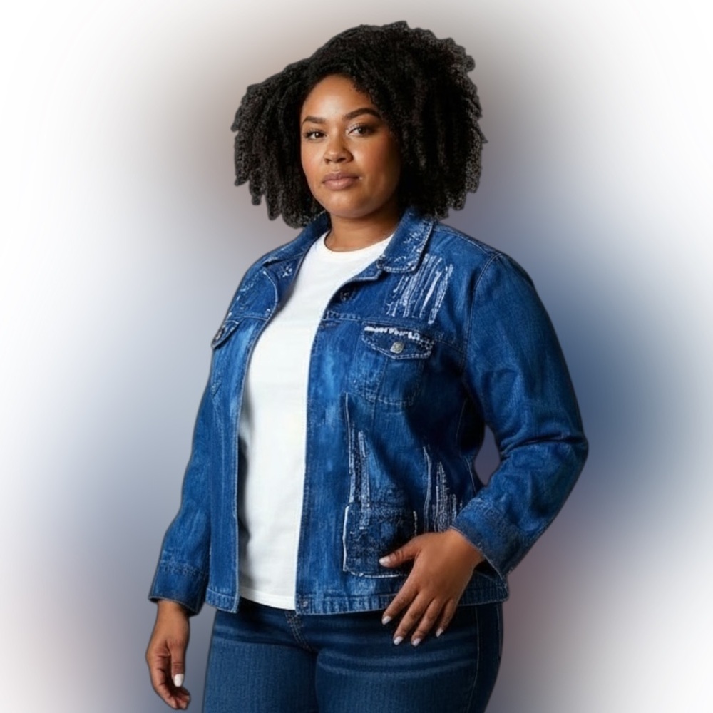 Chicos Embellished Blue Denim Jean Jacket Women’s Size XL